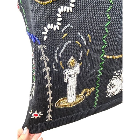 Christmas Tunic Sweater Victoria Jones Vintage 90’s M/L Black Beaded Pearls Mock - Picture 11 of 17
